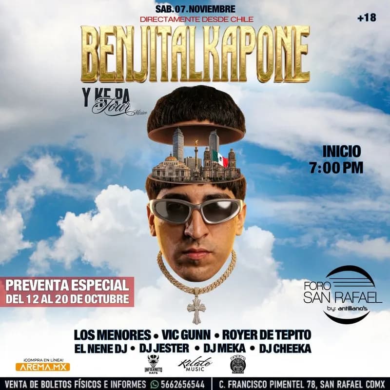 Fondo promocional del evento BENJITALKAPONE Tour "Y KE PA" en CDMX
