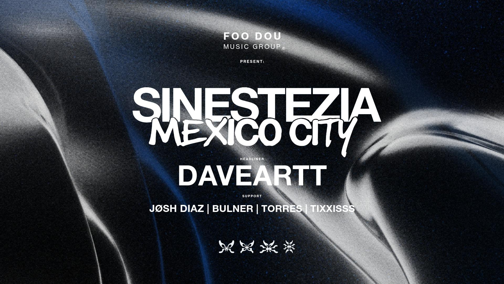 Fondo promocional del evento Sinestezia: Daveartt, Jøsh Diaz, Bulner, Torres, Tixxisss
